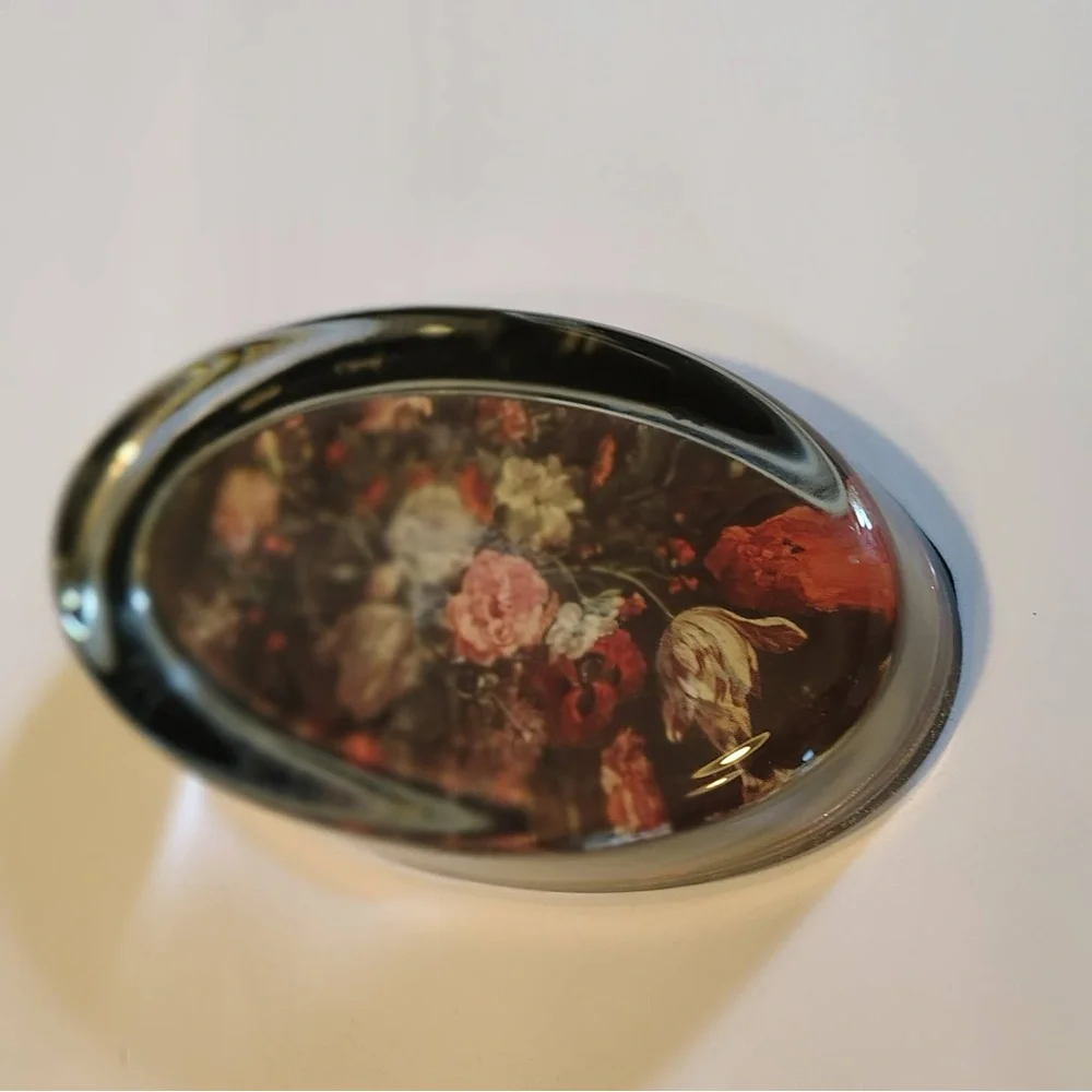 Vtg Italian Oval Floral Paper Weight Romantic Dark Moody Black Pink Felt Bottom
